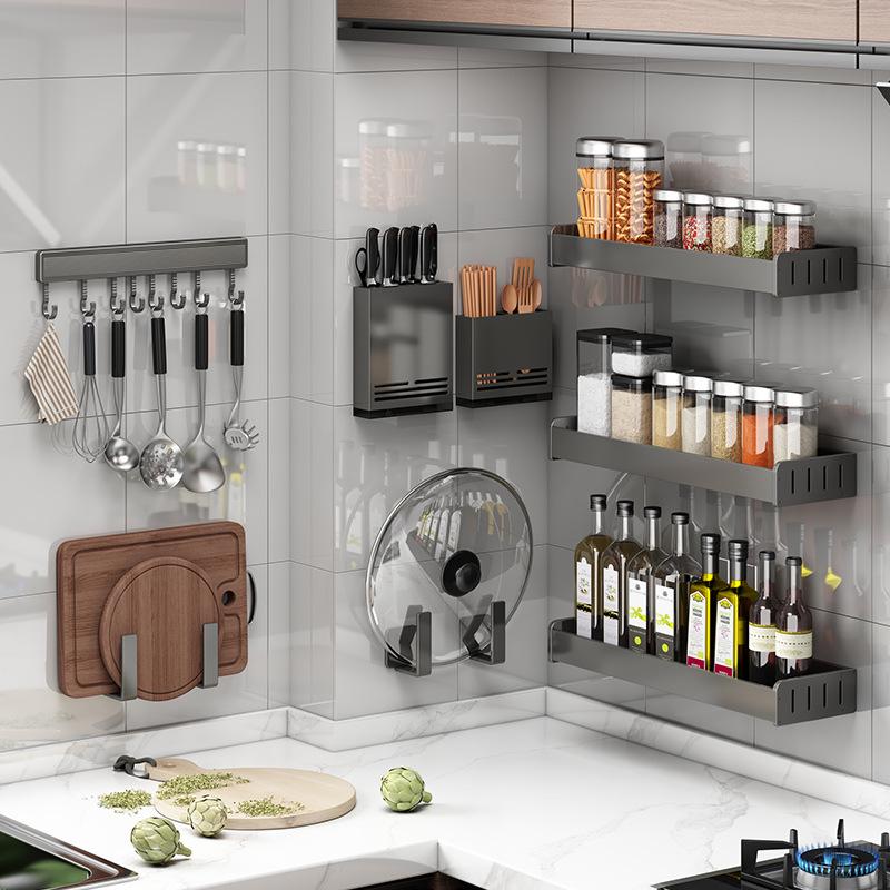Gunmetal Wall-Mounted Kitchen Rack: No-Drill Seasoning, Knife Holder, Multifunctional Storage Solution