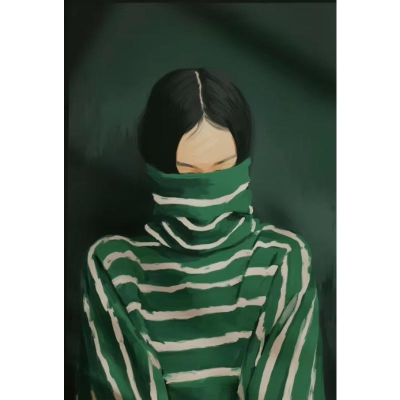 Nordischer Stil Smaragdgrüne Streifen Lässiges Mädchen Leinwand Wandkunst Moderne Abstrakte Weibliche Minimalistische Poster für Heimdekoration