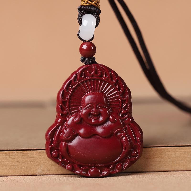 Imitation Cinnabar & Purple Gold Sand Heart Sutra Pendant – Maitreya Buddha & Guanyin Necklace for Men & Women