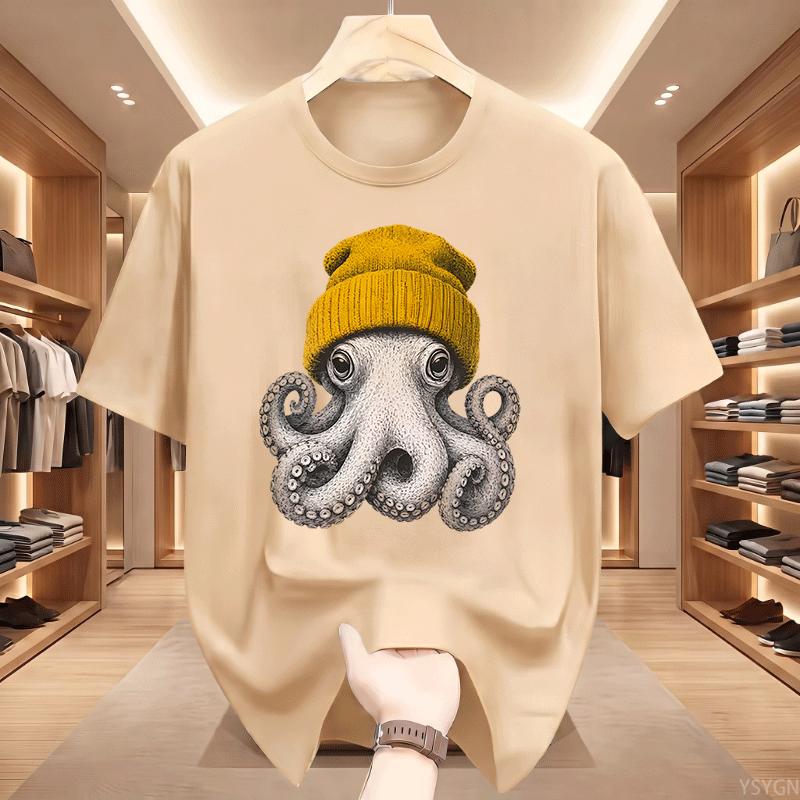 Cute Octopus Beanie T Shirt Ocean Animal Tshirt Vintage Octopus Tees Casual Round Neck Printed Cotton Short Sleeve Tshirts Tops
