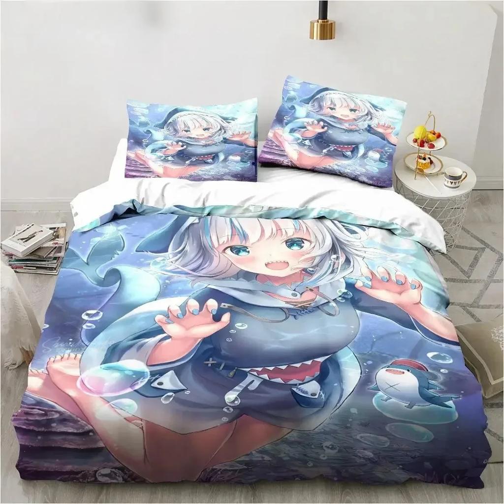 Top Kawaii Gawr Gura Cute Girl My Angle King Twin Double Child Bedding Set Microfiber or Polyester Print Anime Duvet Cover Set