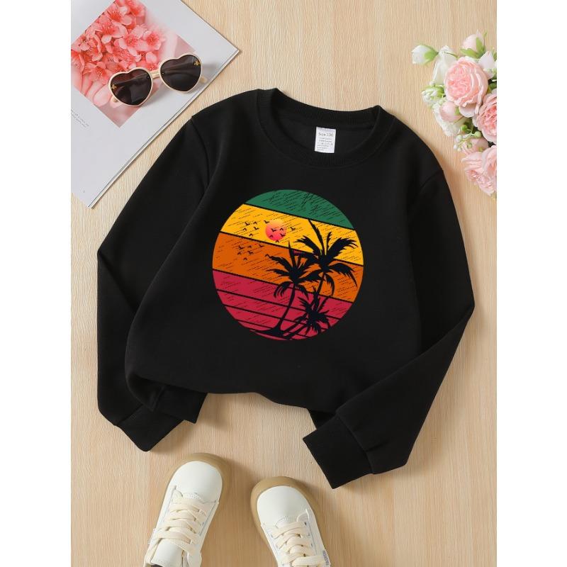 European Sizes Tropical Sunset Palm Trees Birds Sky Gradient Girls' Crew Neck Sweatshirt, Western Top, Long Sleeved, Casual for Little Girls.