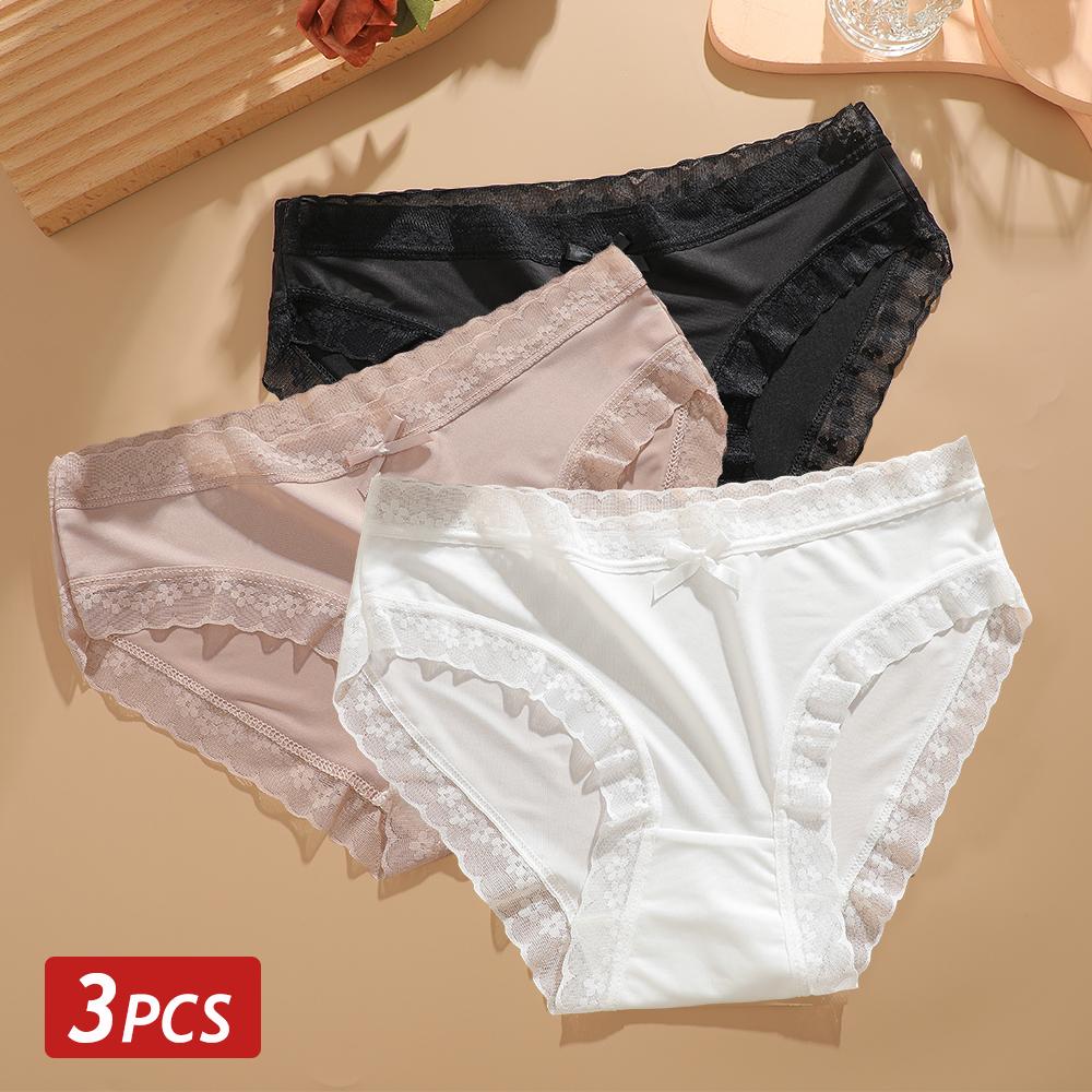 3PCS/Set Seamless Panties Ice Silk Lace Perspective Briefs Ultra Thin Breathable Underwear Cool Summer Female Sexy Lingerie