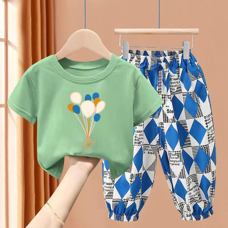 New Boys' Short Sleeve Set Medium and Small Girls' T-shirt Two Piece Set