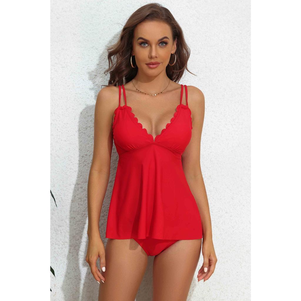 CHARMLEAKS Tankini-Set für Damen, einfarbig, Bademode, Schwimmsets, Spaghettiträger, V-Ausschnitt, gebogene Webkante, Badeanzug