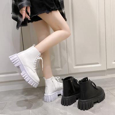 Fashion 2024 Spring and Autumn New Solid Color Simple Lace Up Women's Ankle Boots Thick Sole Increased Zipper Women's Fashion Boots