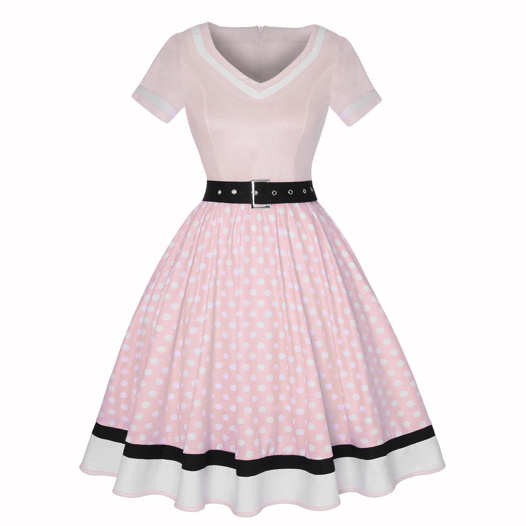 Vintage Polka Dot V Neck Maxi Dress With Piping For Evening Wear