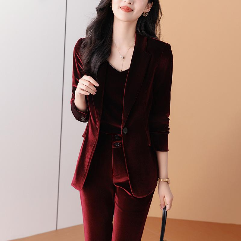Formal Business Suits for Women Autumn Winter High Quality Fabric Velvet Work Wear Suits Pantsuits OL Professional Trousers Set