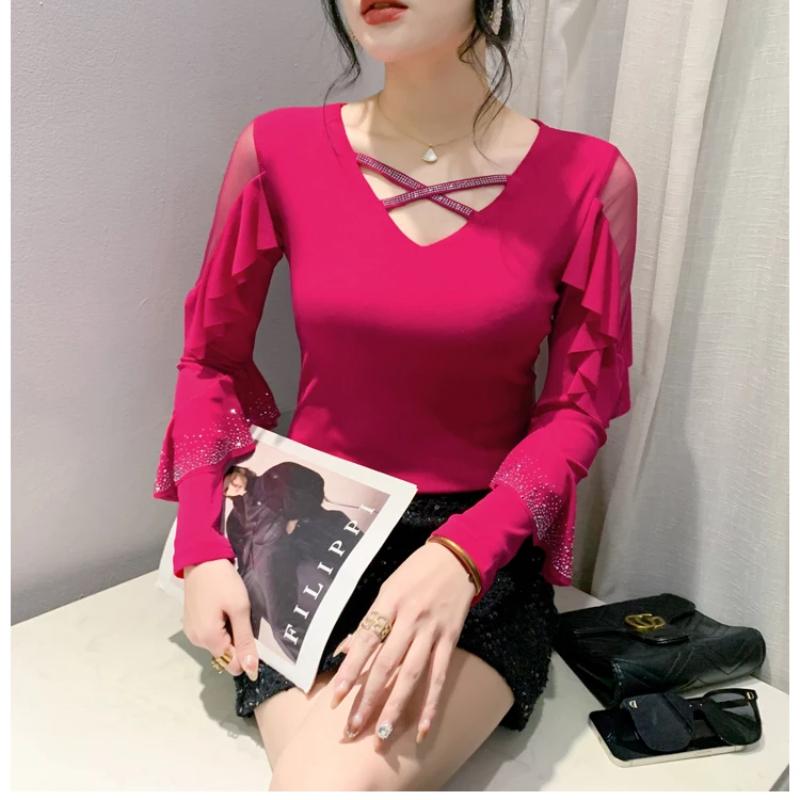 Spring Autumn Streetwear Girl Ruffled Hot Diamonds T-Shirt Fashion Sexy V-Neck Mesh Tops Women's Fare Long Sleeved Tees