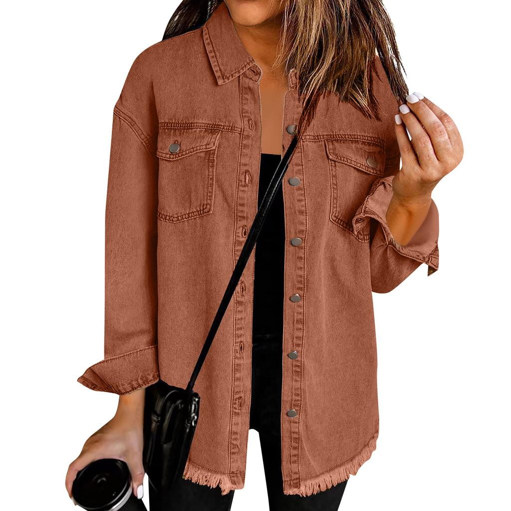 Women's Fashion Denim Shirt Jacket Milled Hem Button Casual Long Sleeve Jacket
