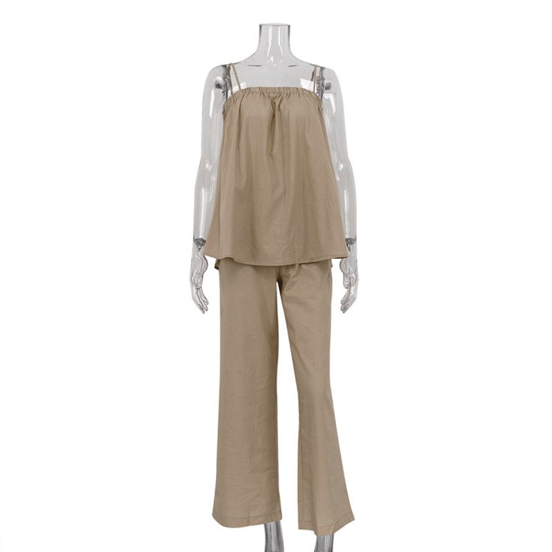 

Solid Color Strapless Suspender Pants Set Pure Color Tube-Top Pants Suit Female Khaki S