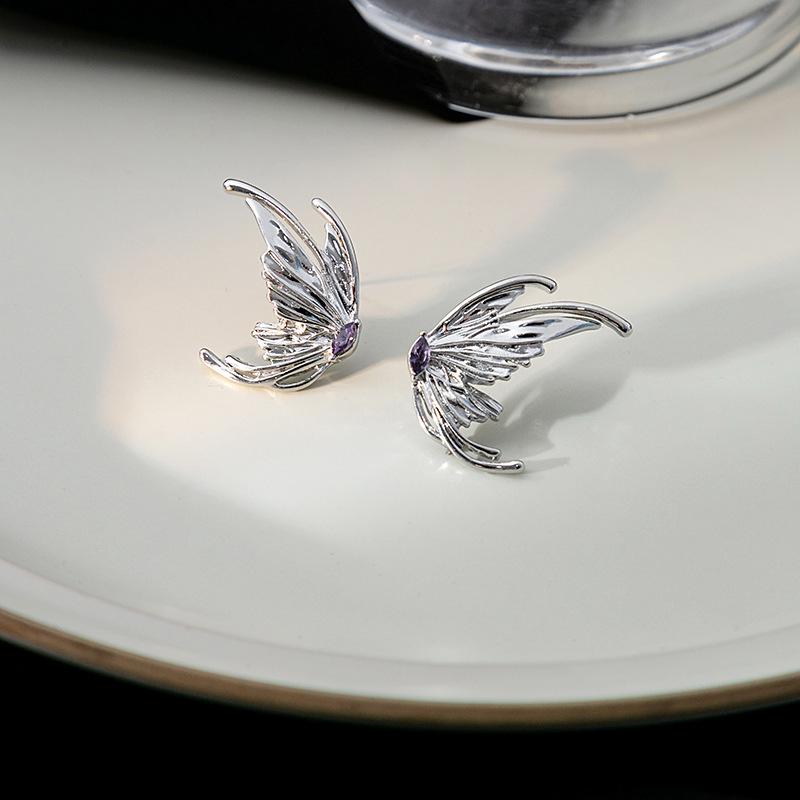 Liquid Metal Butterfly Wing Earrings with Irregular Diamond Inlay - Light Luxury Niche Design for Women.