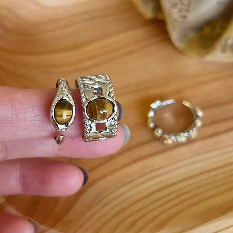 Vintage Ladd Tiger's Eye Open Ring Adjustment Women's Niche Design Index Finger Advanced Heavy Industry Oval Personality Ring