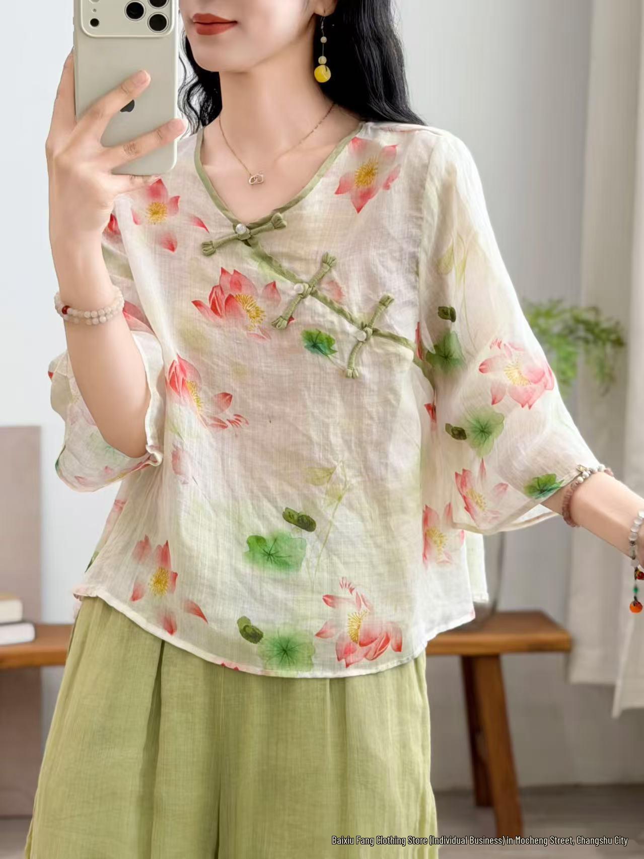 

Women s Artistic V-Neck Polka Dot Linen Shirt - Chinese Style, Loose Fit, Three-Quarter Sleeves One Size