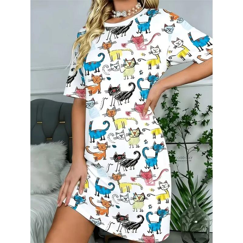 Women Abstract Geometric 3D Cartoon Print Dress O Neck Short Sleeve Loose Casual Mini Dress Summer Daily Outfit Dresses