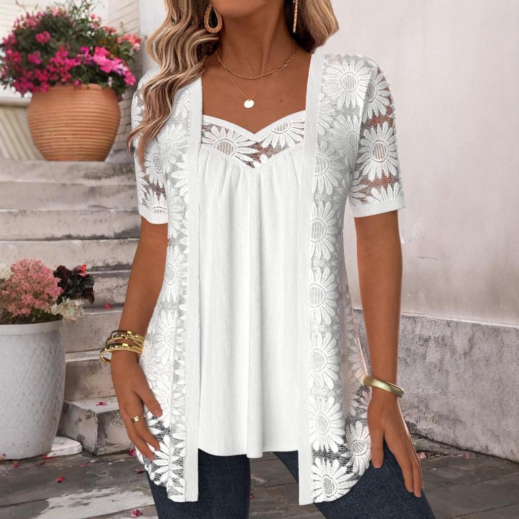 Elegant 2026 Summer Solid Color Lace Hollow Two-Piece Women's Top