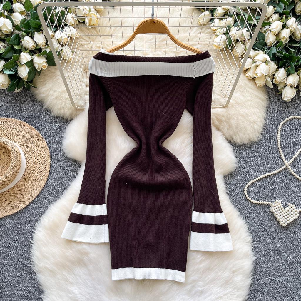 Kobiety Sukienka Bodycon z Odkrytymi Ramionami Jesień Długi Rękaw Metalowy Guzik Odzież Robocza Damska Dzianinowa Sukienka Mini w Bloki Kolorów Sexy