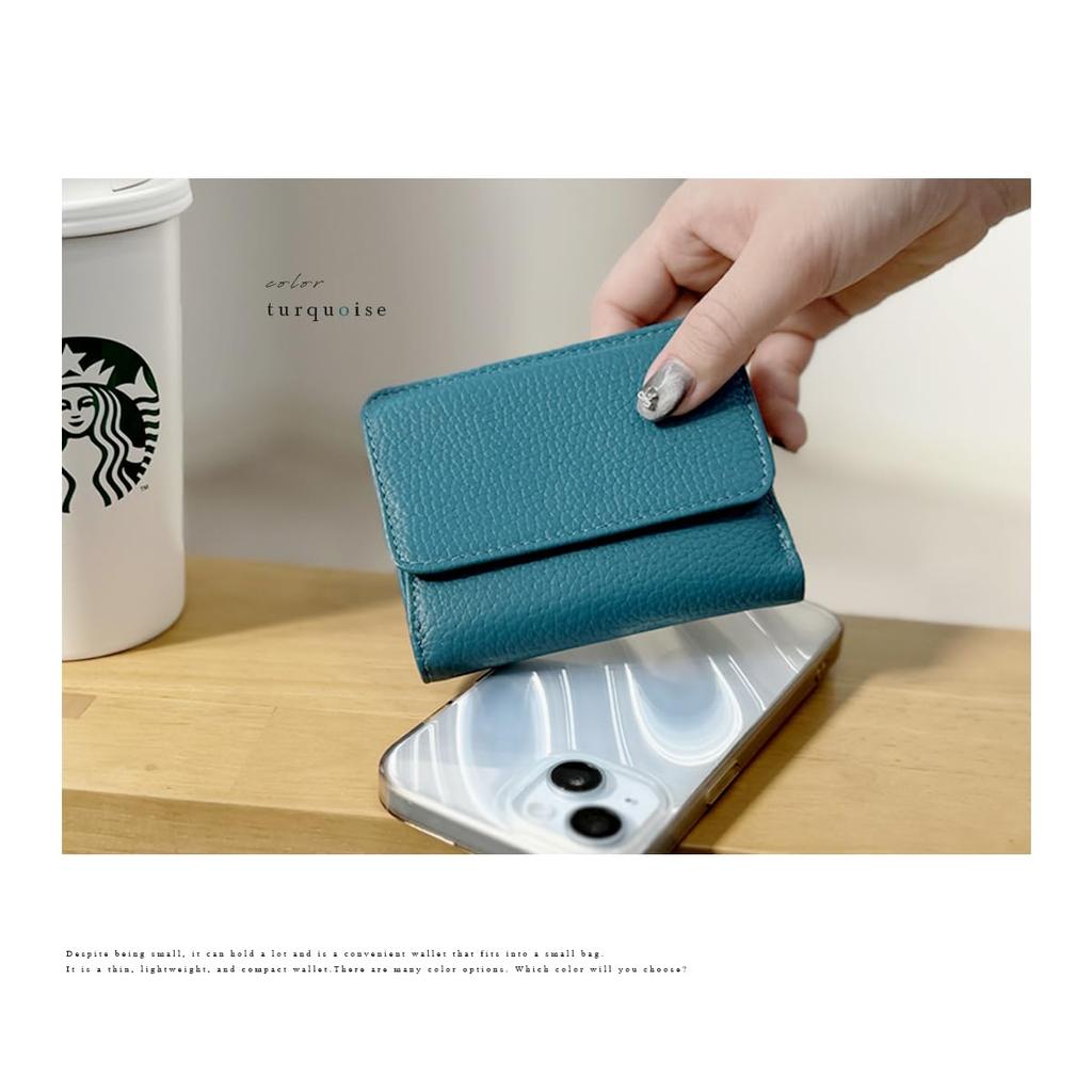 Genuine Leather Mini Wallet, Slim, Bifold, Compact, Coin Purse, Box-Shaped, Card Case, Palm-Sized, for Men and Women (Turquoise)
