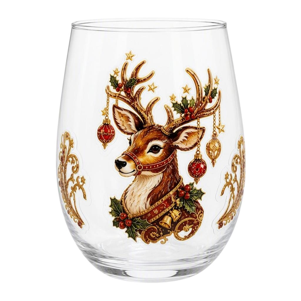 Christmas Glass Art Cup 2D Santa Snowman Pattern Drinking Cup for Cocktails Whiskey Wine Glasses Unique Holiday Glassware Gift