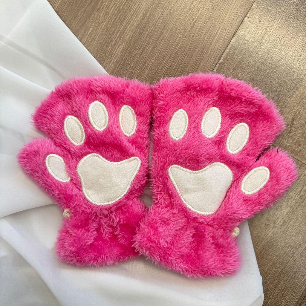 Women's Cute Cat & Bear Paw Fingerless Fleece Gloves