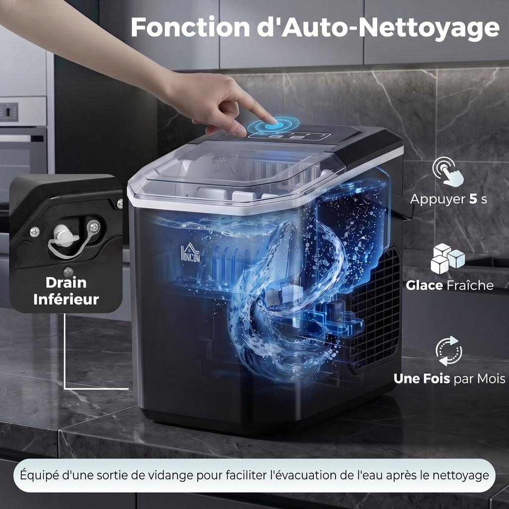 Self-cleaning ice maker, 9 ice cubes in 6-13 min, basket, scoop, 22.2 x 29.4 x 29 cm, black