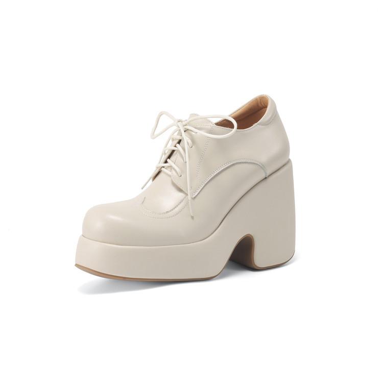 

Европейский и американский стиль толстая подошва толстый каблук кожаный круглый носок на шнуровке обувь-маффины 2025 новая водонепроницаемая обувь на платформе с маленьким круглым носком 39 абрикосовый