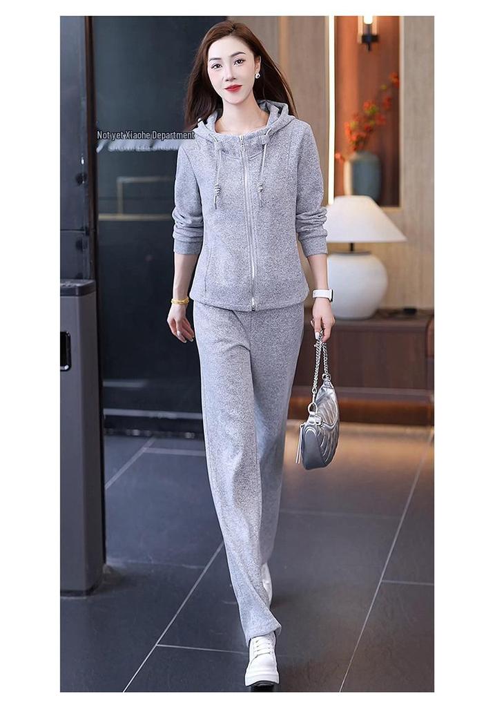 Women's Autumn Hooded Cardigan and Wide-Leg Pants Set: Casual, Slimming, Body-Concealing, Two-Piece Sportswear.