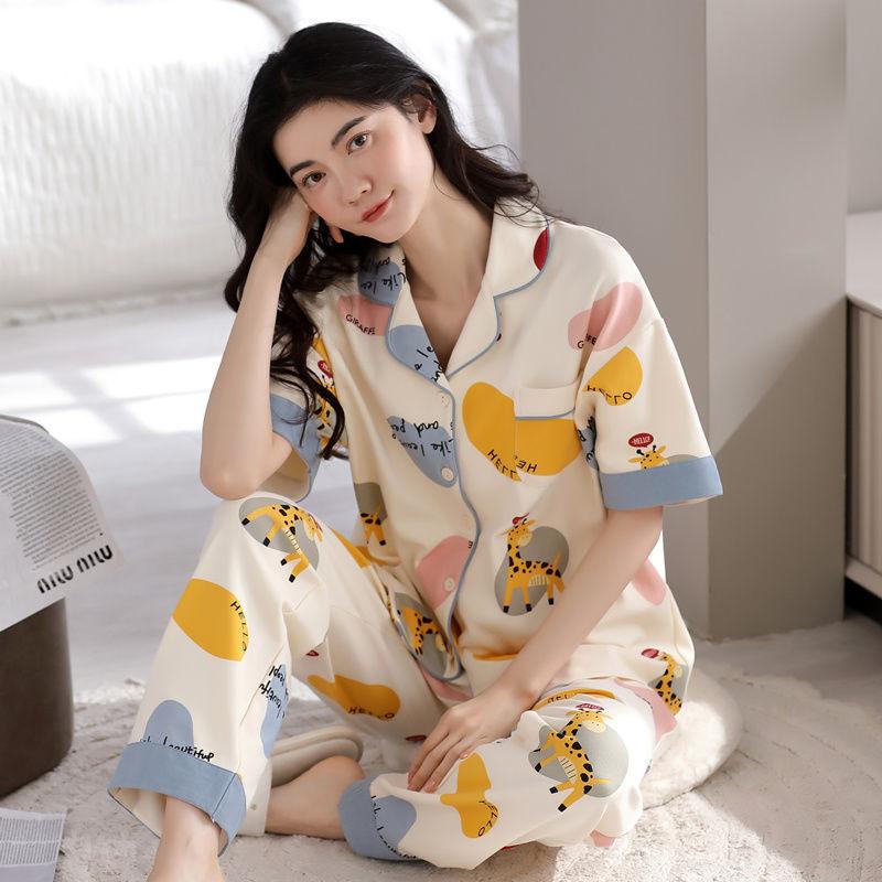 Pajamas women's summer cotton short-sleeved trousers cardigan sweet high-value loungewear set
