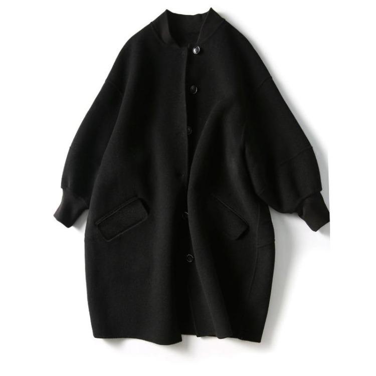 Autumn New Style Women Mid-Length Slim Black Wool Coat Casual and Versatile Outerwear