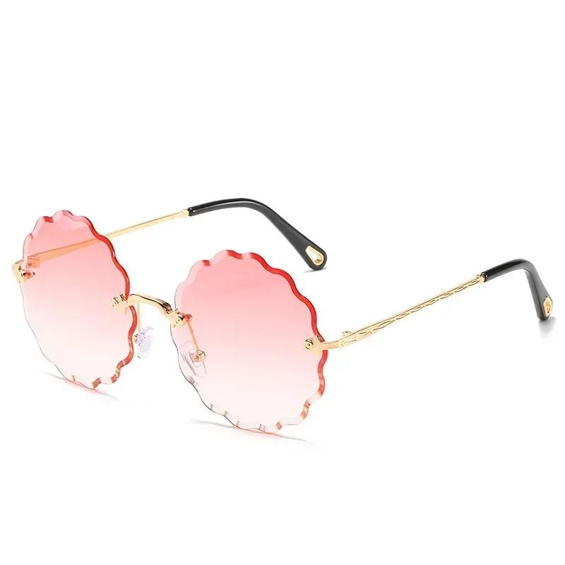 Luxury Retro Round Sunglasses Women Flower Design Trendy Rimless Sun Glasses Shades For Women Driving Eyewear Uv400