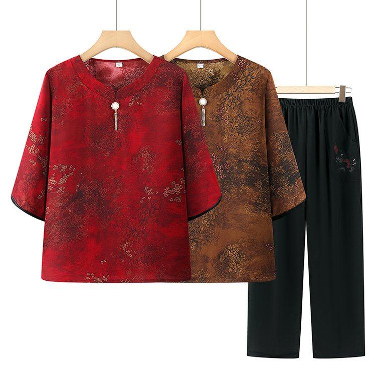 2026 Grandma Short Sleeve Summer Cardigan & T-Shirt Set for Women 3XL винный/красный