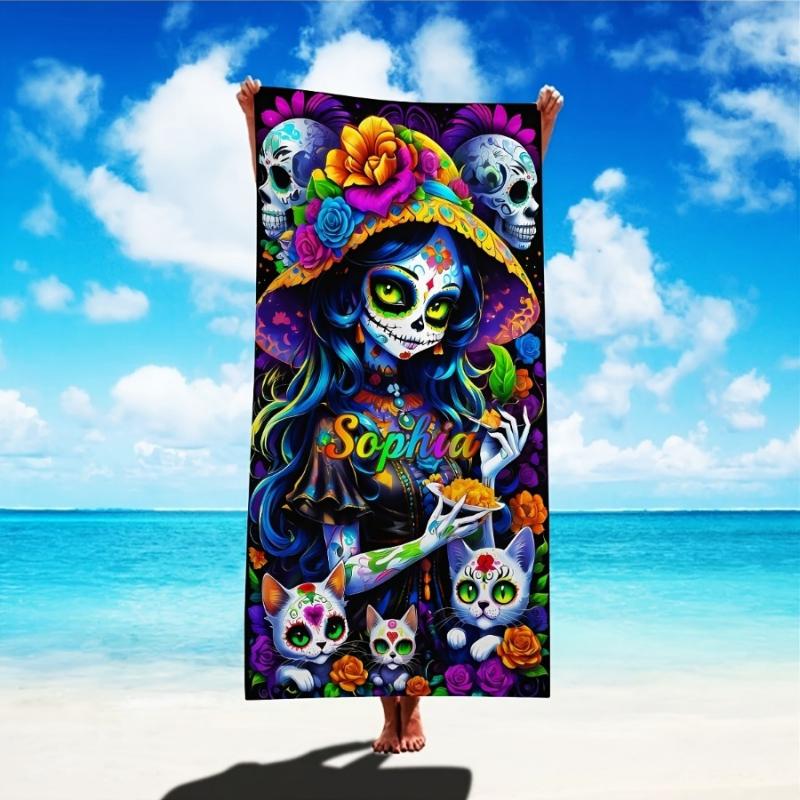 Mexican Day of the Dead Bath Towel - /Initials, Calavera Catrina Skull & Calaveras Design, Ultra-Soft W30*H60(CM)