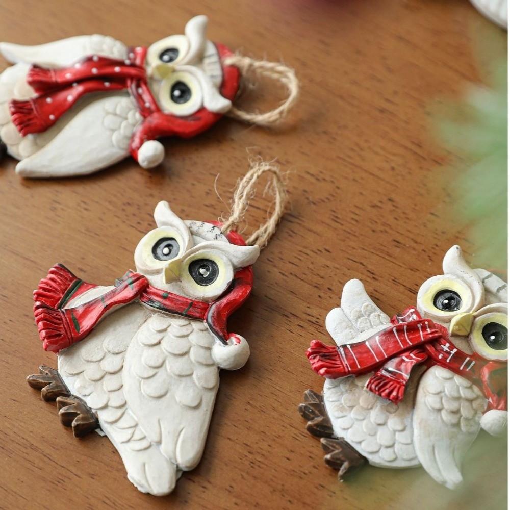 Festive Resin Owl Ornament with Jute Rope Vintage Resin Pendant Xmas Decor Gift Accessory