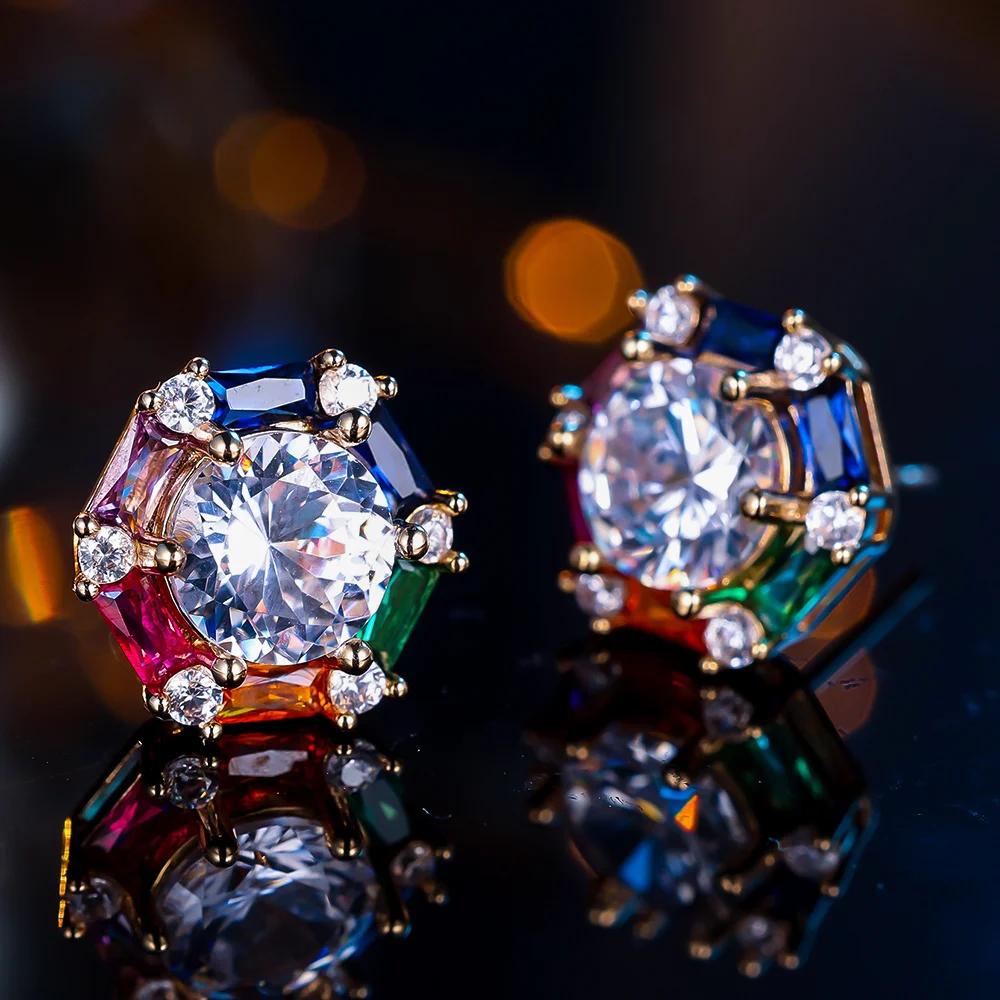 Cute Rainbow Zircon Stud Earrings for Women Luxury Gold Silver Color Wedding Jewelry Gift