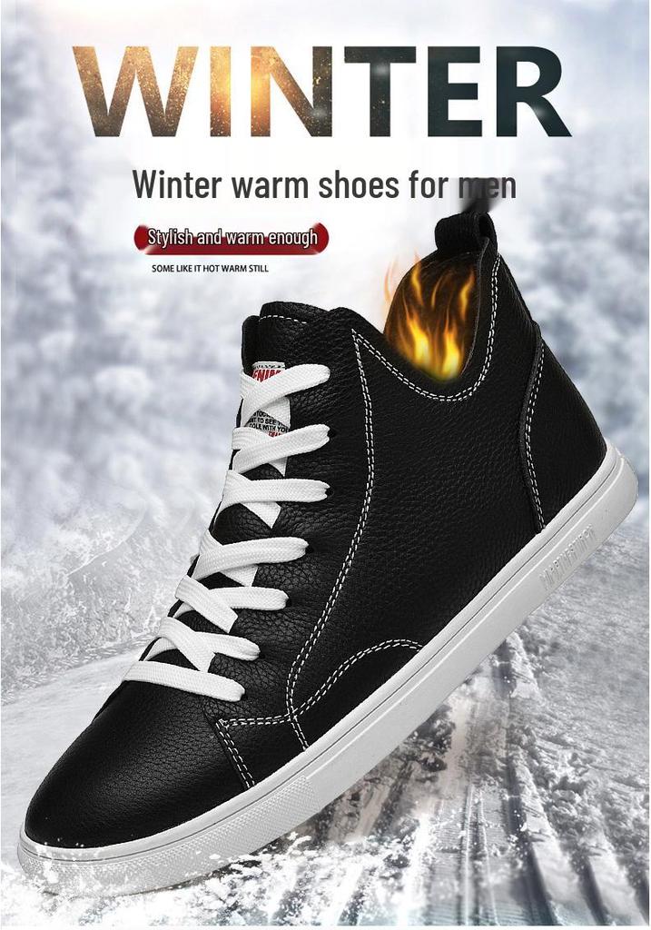 Men's Korean Style Velvet-Lined Mid-Top Leather Sneakers - Trendy Casual Cowhide Patchwork, Large Sizes Available.
