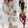 Autumn new sequined split long-sleeved dress, casual loose party dress