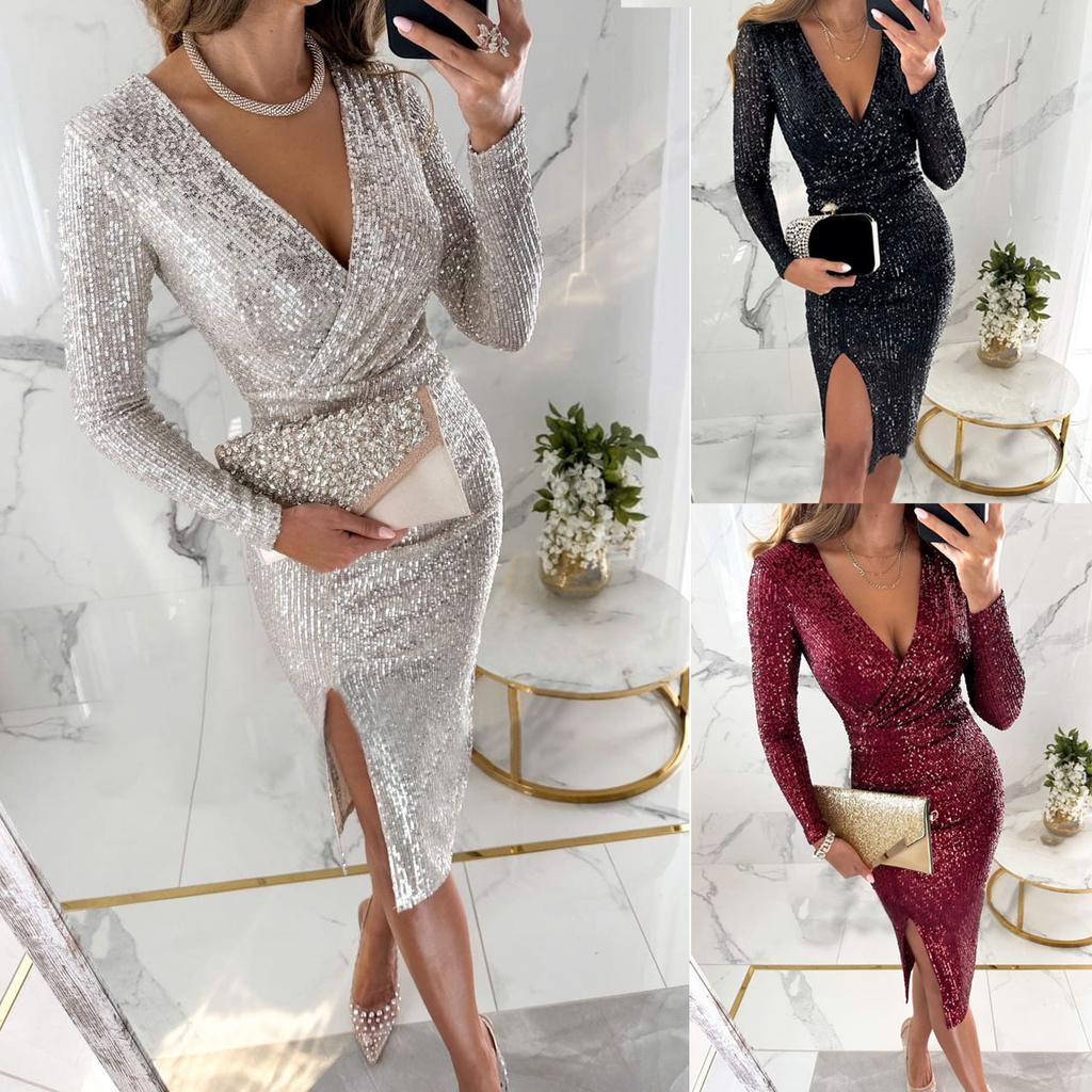 Autumn new sequined split long-sleeved dress, casual loose party dress