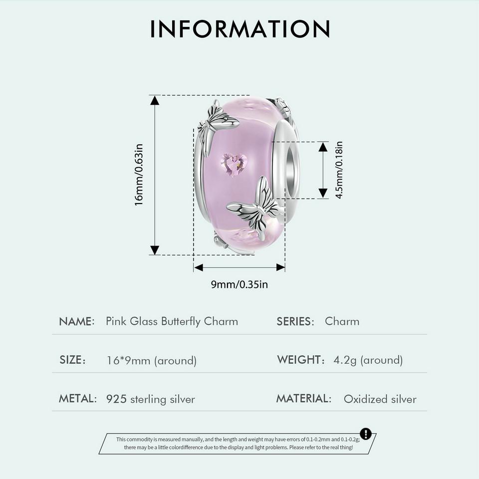WOSTU Argent Sterling 925 Perles en Verre Rose Breloque Papillon Transparent Convient Femmes Bracelets Originaux Bijoux DIY