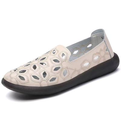 Damen Sommer Leder Lochstickerei Schuhe Runde Spitze Flach zum Hineinschlüpfen Flache Sohle Höhlen Sandalen Leichte Arbeitsschuhe