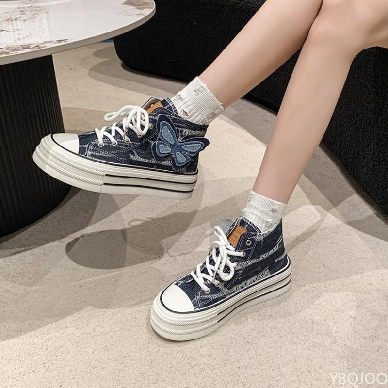 Fashion Thick Soled Women's Canvas Shoes Spring and Autumn New High Top Denim Butterfly Decorated Canvas Casual Versatile Board Shoes