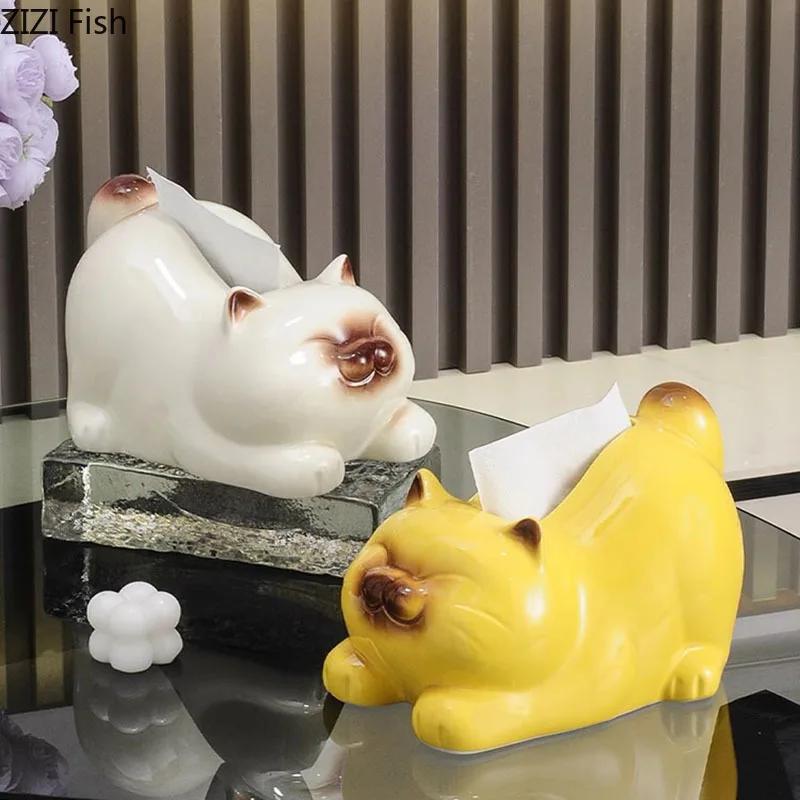 Lovely Siamese Kitten Ceramic Tissue Box Coffee Table Desk Decoration Cartoon Cat Tissue Box Bedside Table Paper Towel Case