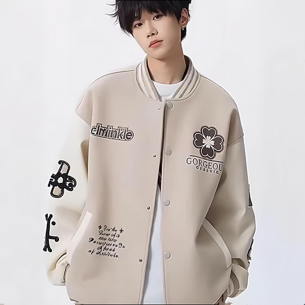 Trendy Men's Heavyweight Embroidered Baseball Jacket: Hip-Hop Street Style, Loose Fit, Wool Blend PU Leather, Perfect for Spring & Autumn