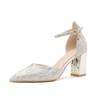 Small Size Women's Shoes 2025 Spring New Glitter Thick Heel with Hollow High Heels Simple Temperament Commuting Widened