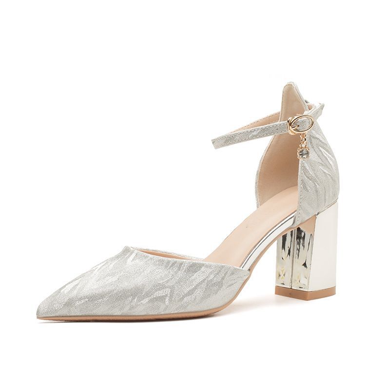 Small Size Women's Shoes 2025 Spring New Glitter Thick Heel with Hollow High Heels Simple Temperament Commuting Widened