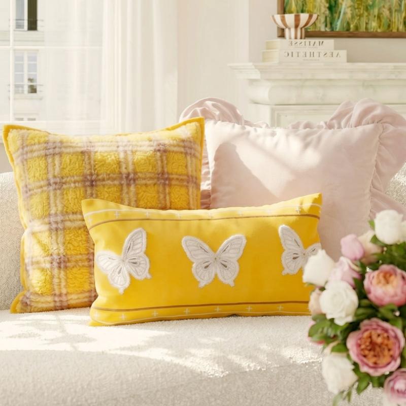 Embroidered Cushion Cover Yellow Butterfly Decorative Pillows for Sofa,45x45 Summer Pillowcase with Flowers for Backrest Support