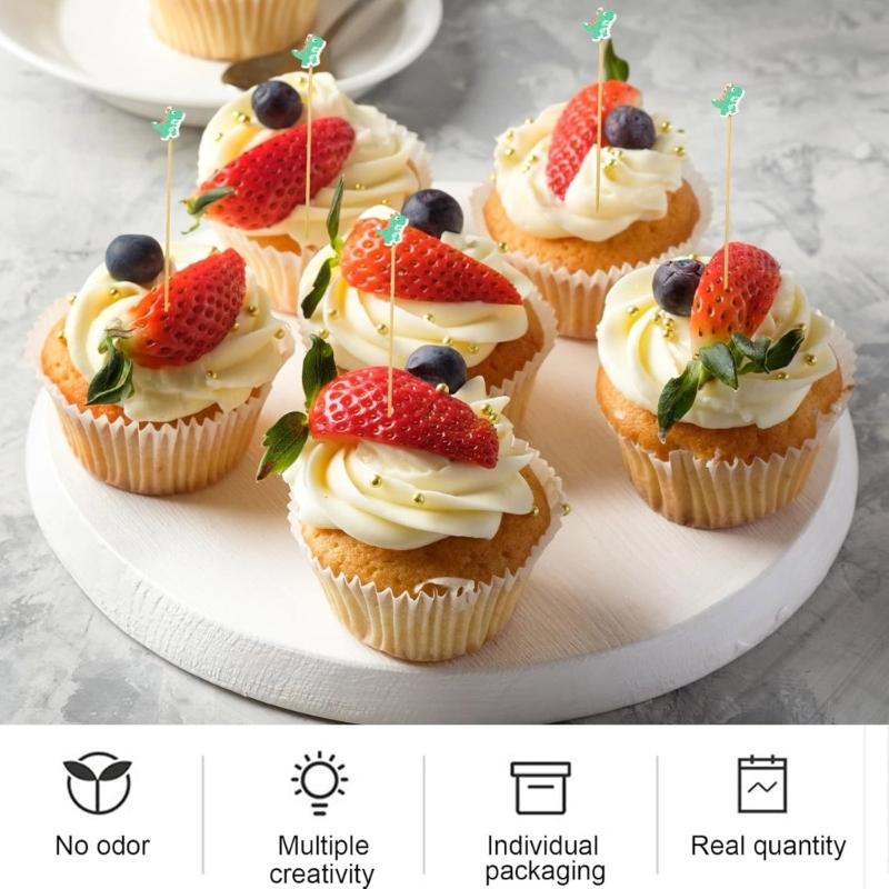 100pcs Cute Dinosaur Wooden Skewers 12cm Party Food Sticks Decorative Drink Picks for Themed Celebration