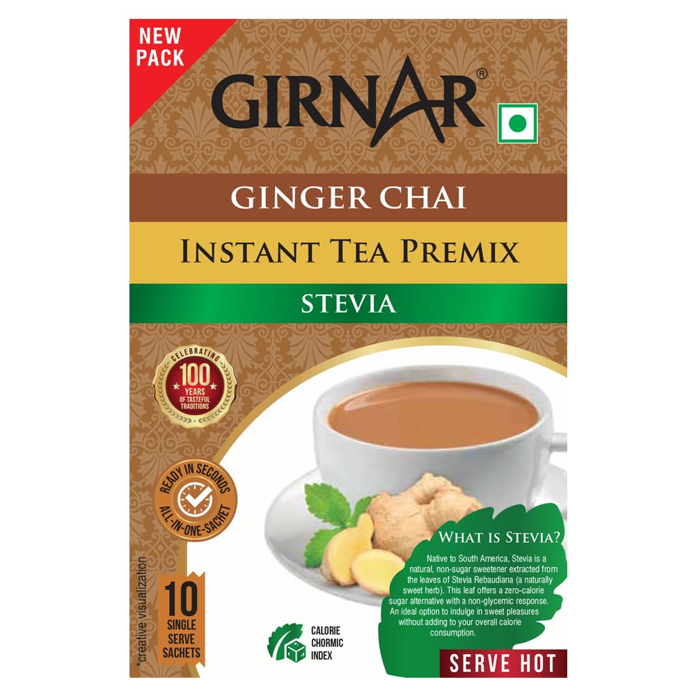 Girnar Instant Ingwer Chai Premix mit Stevia Zuckerfrei 120g 10 Beutel für schnelles Heißgetränk