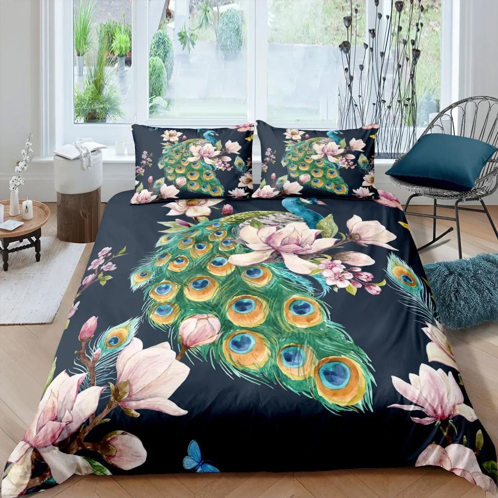 Tier-Bettwäsche-Set, 3D-Pfau-bedruckter Bettbezug, weicher Bettbezug, Kissen, nur Schlafzimmer, Twin-Queen-King-Size-Haus