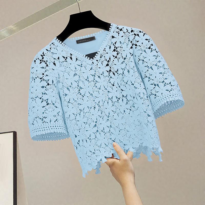 ZANZEA Women Summer V-Neck Short Sleeve Casual Lace Patchwork Blouse