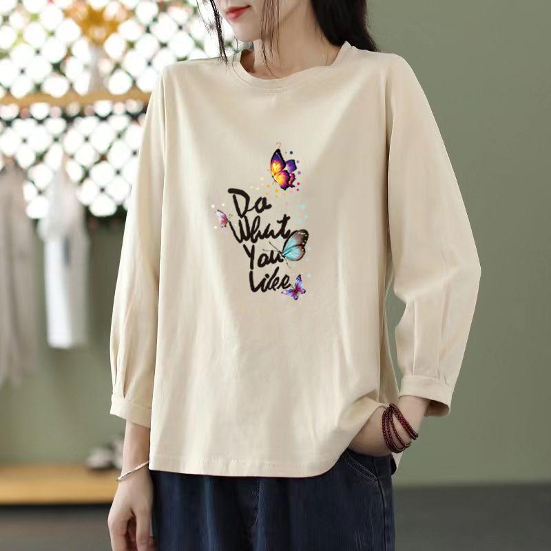 Nine-quarter Sleeve Printed T-shirt Women's New Spring and Autumn Loose Round Neck Top